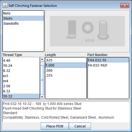 Self-Clinching Fasteners Dialog Box